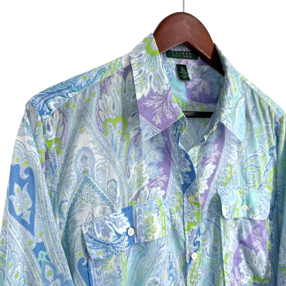 Ralph Lauren Sz XL Blue Green Tropical Lightweight Long Sleeve Blouse Shirt Top - Picture 5 of 9